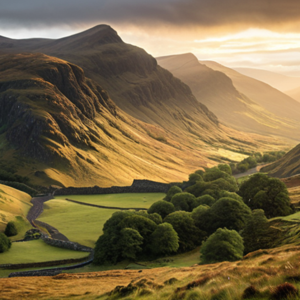 **

"Majestic Scottish Highlands landscape, reminiscent of Braveheart, mist-covered mountains, lush green valleys, historical atmosphere, golden hour lighting."

**