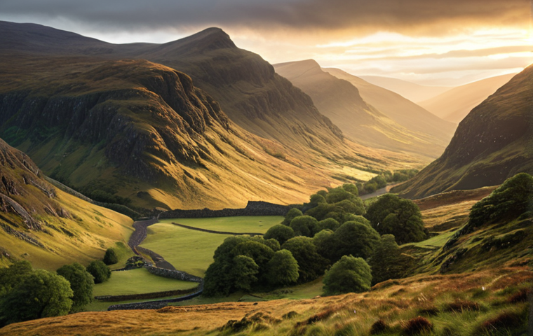 **
"Majestic Scottish Highlands landscape, reminiscent of Braveheart, mist-covered mountains, lush green valleys, historical atmosphere, golden hour lighting."
**