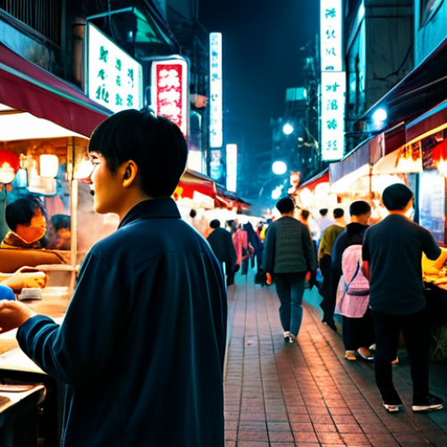 Home 6 A professional traveler, fully clothed in modest, appropriate attire, stands amidst the vibrant energy of a Taiwanese night market. Colorful neon signs illuminate bustling street food stalls, with steam rising from delicious dishes and a blurred background of diverse people. The scene captures the lively, authentic atmosphere of a cinematic urban adventure, rendered with professional photography, cinematic lighting, and high detail. Perfect anatomy, correct proportions, natural pose, well-formed hands, proper finger count, natural body proportions, safe for work, appropriate content, fully clothed, modest, family-friendly.
