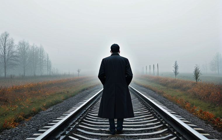 이창동 감독 영화 배경 - **Prompt:** A lone figure in a modest, dark coat stands on a set of weathered train tracks leading i...