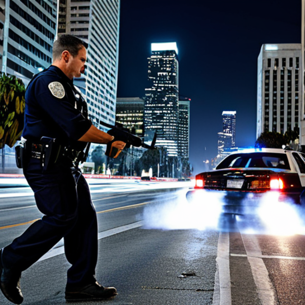 터미네이터 영화 촬영된 장소 - Los Angeles Downtown Chase Scene**
"A professional, fully clothed police officer in a realistic Los...