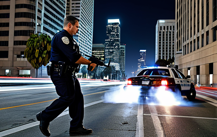 터미네이터 영화 촬영된 장소 - Los Angeles Downtown Chase Scene**

"A professional, fully clothed police officer in a realistic Los...