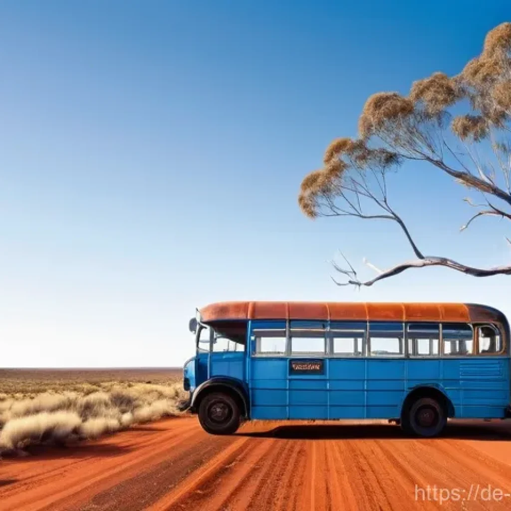 호주 영화 촬영된 지역 - **"Outback Road Trip Dream"**: An old, weathered, bright blue vintage bus drives along a dusty, vibr...