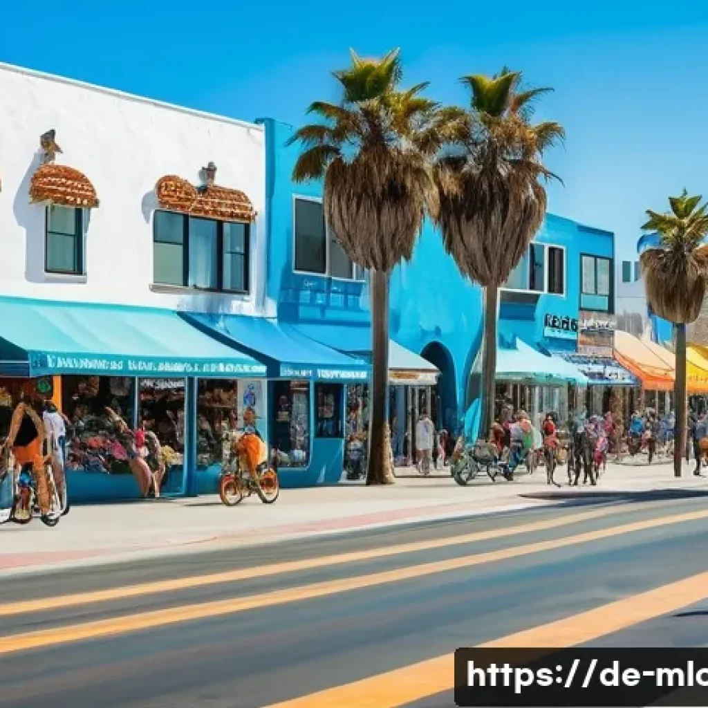 할리우드 영화 촬영지 - A vibrant daytime scene of Venice Beach, California, featuring a lively beachfront promenade with co...