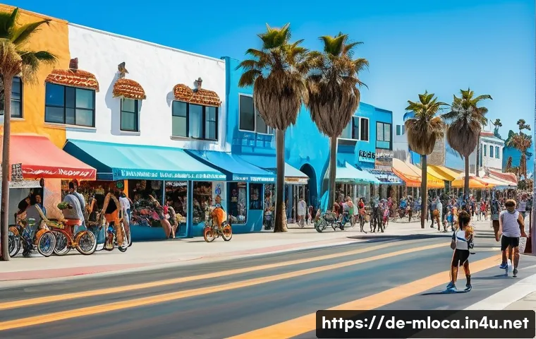 할리우드 영화 촬영지 - A vibrant daytime scene of Venice Beach, California, featuring a lively beachfront promenade with co...