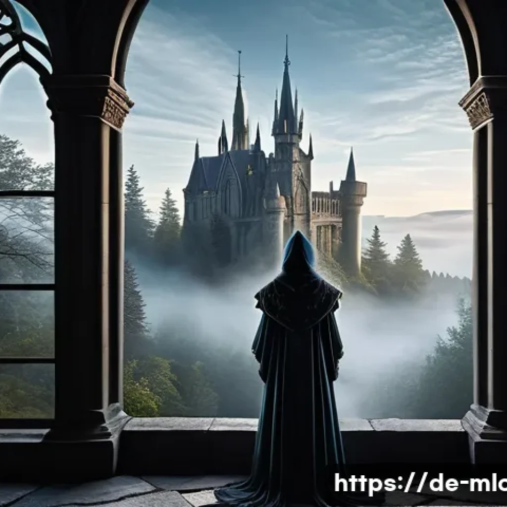 해리포터 영화 속 장소 - A majestic medieval castle inspired by Gothic architecture, featuring tall spires, intricate stone c...