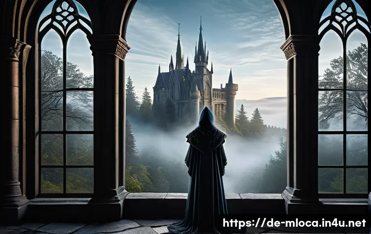 해리포터 영화 속 장소 - A majestic medieval castle inspired by Gothic architecture, featuring tall spires, intricate stone c...