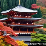 교토 영화 배경지 - A serene, detailed view of the Kiyomizu-dera Temple in Kyoto during autumn, showcasing the iconic wo...