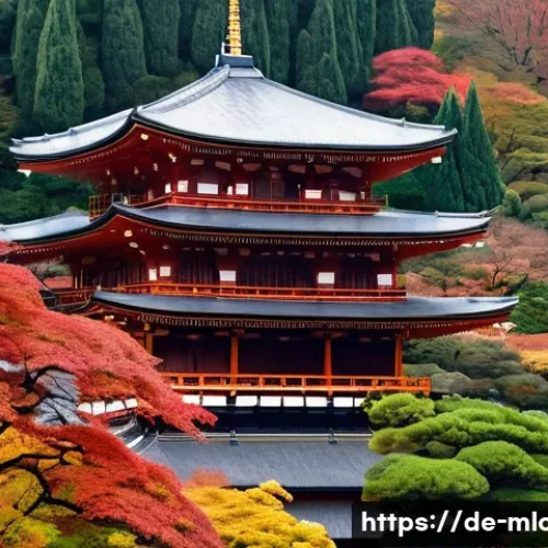 교토 영화 배경지 - A serene, detailed view of the Kiyomizu-dera Temple in Kyoto during autumn, showcasing the iconic wo...