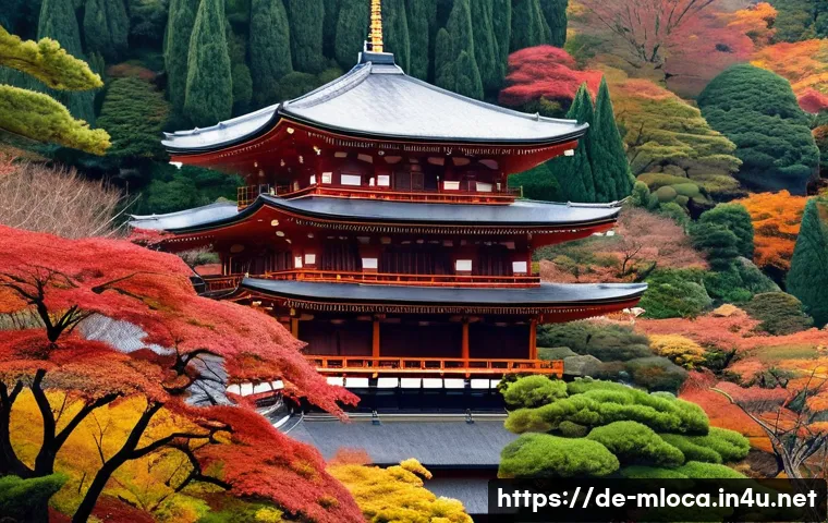 교토 영화 배경지 - A serene, detailed view of the Kiyomizu-dera Temple in Kyoto during autumn, showcasing the iconic wo...