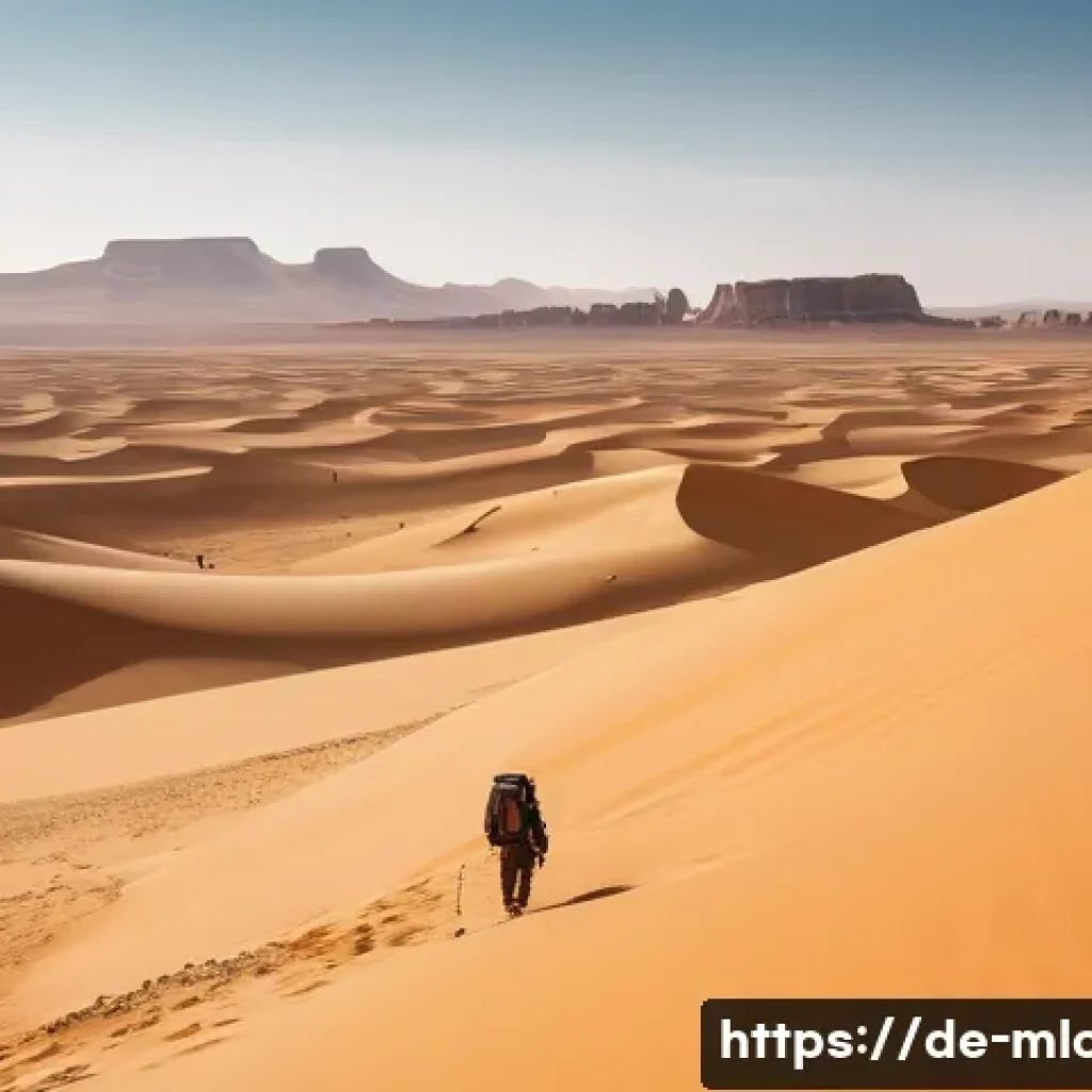 스타워즈 촬영된 사막 - A vast desert landscape inspired by the Tunisian Sahara, featuring endless golden sand dunes and ico...