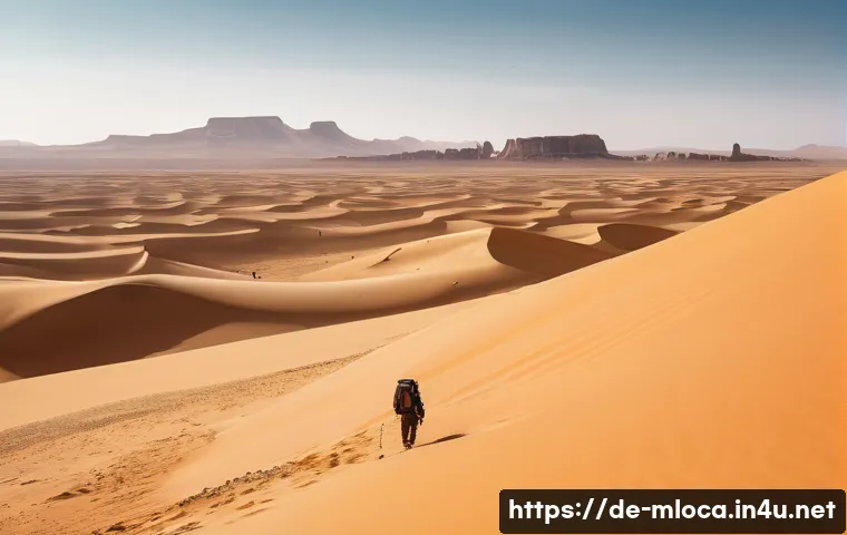 스타워즈 촬영된 사막 - A vast desert landscape inspired by the Tunisian Sahara, featuring endless golden sand dunes and ico...