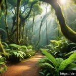 아바타 영화 속 실제 장소 - A vibrant Southeast Asian rainforest scene at early morning light, dense lush green foliage with exo...