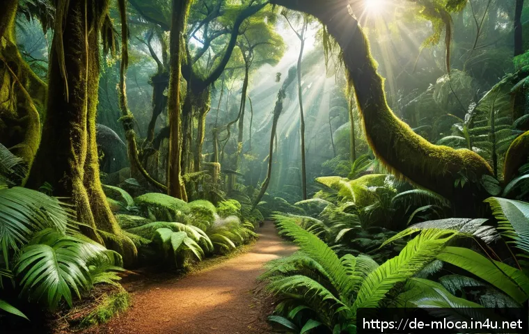 아바타 영화 속 실제 장소 - A vibrant Southeast Asian rainforest scene at early morning light, dense lush green foliage with exo...