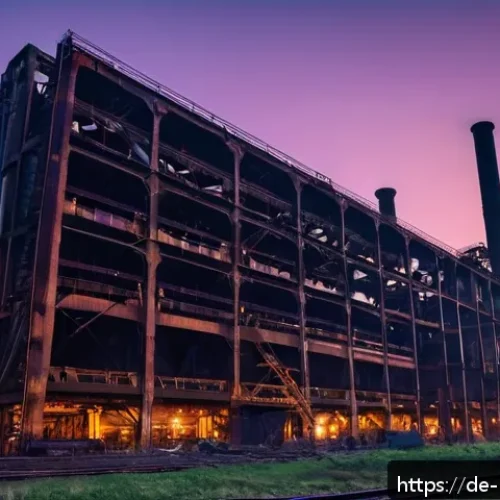 국내 영화 촬영 명소 - A sprawling abandoned steel mill in the Ruhr area at dusk, showcasing vast rusted pipes, weathered m...