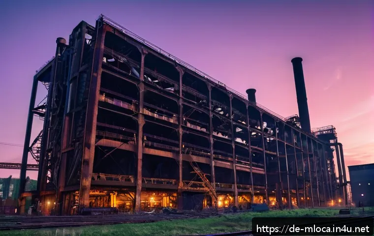 국내 영화 촬영 명소 - A sprawling abandoned steel mill in the Ruhr area at dusk, showcasing vast rusted pipes, weathered m...