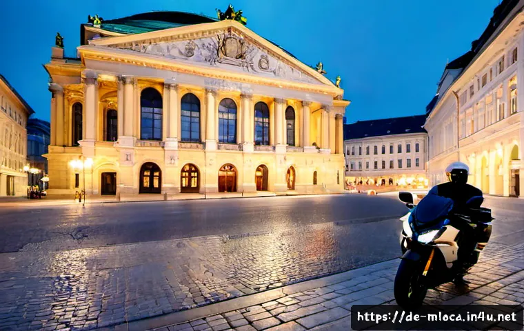 미션 임파서블 촬영지 - Photorealistic cinematic dusk view of the Vienna State Opera in Austria, grand historic facade glowi...
