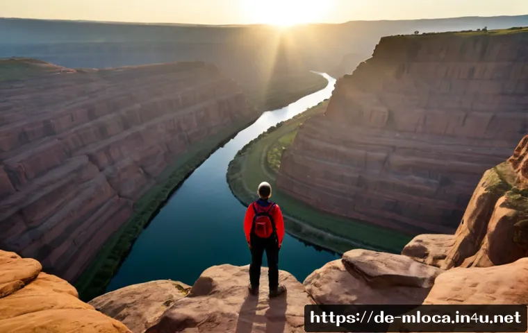 장예모 감독 영화 촬영지 - Photorealistic cinematic view of a vast red sandstone valley at sunrise, solitary traveler in practi...