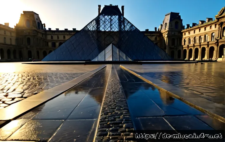다빈치 코드 촬영된 파리 명소 - Photorealistic sunrise view of the Louvre Museum courtyard in Paris, the glass pyramid centered in e...